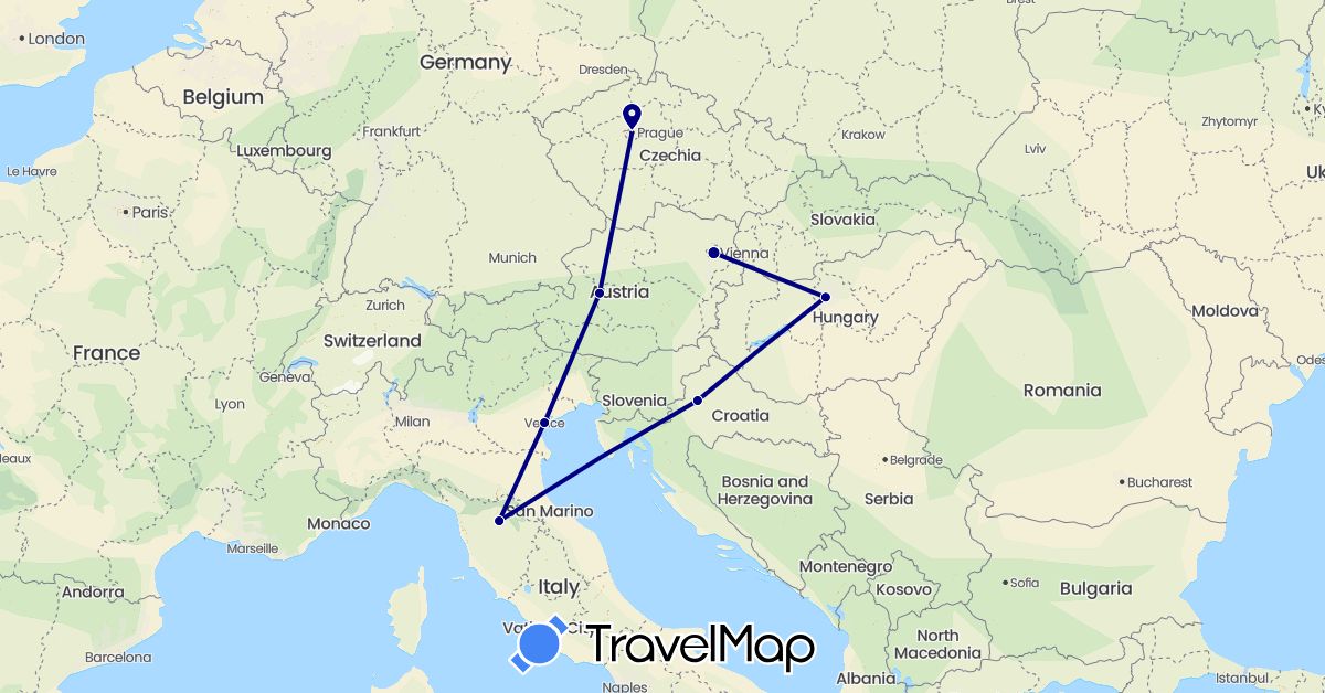 TravelMap itinerary: driving in Austria, Czech Republic, Croatia, Hungary, Italy (Europe)